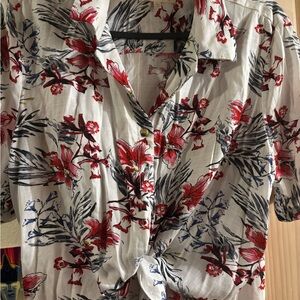 Floral Button-Up Shirt with Red and Black Design